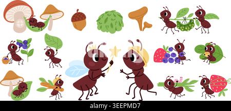 Scenes from life of ants. Cartoon insects go about daily business. Arthropods carrying caterpillars, food and fruit back to anthill. Bugs working or Stock Vector