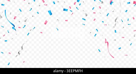 Bright pink, blue and silver confetti and curled streamers falling on a transparent background, ideal for celebration, party, event or festive design Stock Vector