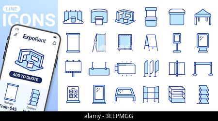 Exhibition, advertising stand line icons set. Booth, banner, billboard, trade show tent, digital totem flat minimal vector illustrations. Simple Stock Vector