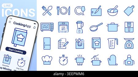 Kitchen, cooking line icons set. Air fryer, meal blender, oven, fridge, recipe cookbook, grocery delivery flat minimal vector illustrations. Simple Stock Vector