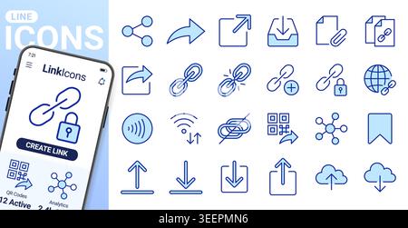Link share line icons set. Hyperlinks, download, upload, cloud storage, QR code, secure attachment flat minimal vector illustrations. Simple outline Stock Vector