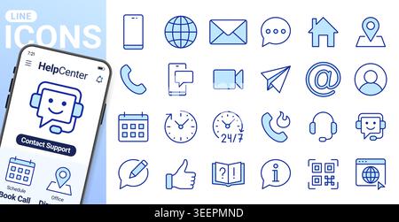 Contact us, customer support line icons set. Telephone, email, chatbot, 24 7 service, FAQ, location flat minimal vector illustrations. Simple outline Stock Vector