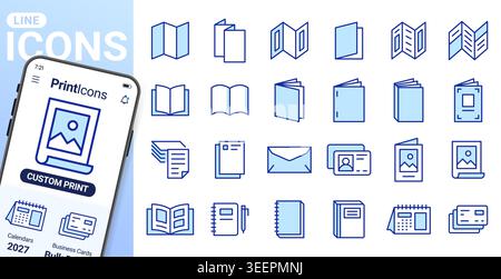 Book, print collateral line icons set. Brochure, catalog, flyer, envelope, letterhead flat minimal vector illustrations. Simple outline signs for Stock Vector