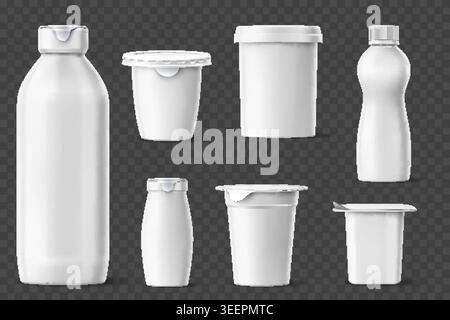 Realistic yogurt packaging. 3D blank mockups of plastic containers for dairy products and desserts. Various sizes and shapes. Closed bottles. Yoghurt Stock Vector