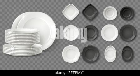 Realistic white and black plates. Ceramic tableware top view. Transparent cutaway model of cutlery. Porcelain bowls stack. Clean dinnerware serving Stock Vector
