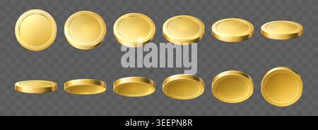 Realistic shiny gold coins. Spinning money on transparent background. Metal dollar flipping. Golden token turn animation process. Currency in Stock Vector
