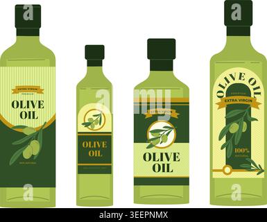 Glass bottles with olive oil. Organic oily product. Containers with label design. Italian culinary. Mediterranean kitchen. Vegetarian cooking Stock Vector