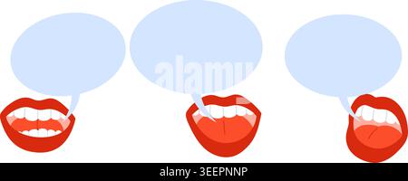 Female open lips with blue empty speech bubbles. Woman speaking. Dialogue message. Face expression of communication. Mouth and teeth. Voice sound Stock Vector