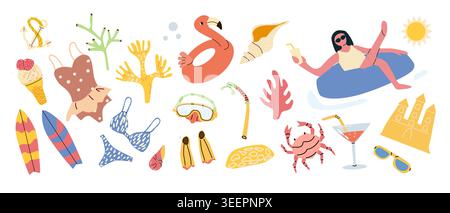 Cartoon summer tropical elements set. Beach coastal accessories for summer vacation. Surfboards, swim wears, inflatable rings, ice cream sundae and co Stock Vector