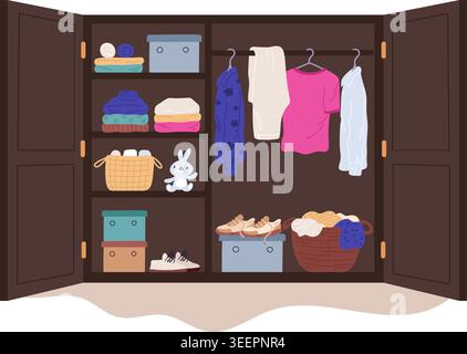 Clothes in wardrobe. Putting wears in order wooden closet. Garments distribution by shelves. Declutter in cabinet. Coats or jeans hanging on hangers Stock Vector