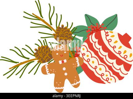 Cartoon christmas cookie man and bauble with icing sugar. Cute festive element for christmas greeting card. Xmas clipart with christmas gingerbread an Stock Vector