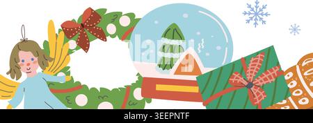 Cartoon christmas square background with xmas toys and cookies. Winter holidays card template with christmas wreath, snowball, angel and gingerbread. Stock Vector
