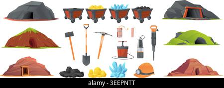 Cartoon style mining tools and wooden carts. Various miners equipment. Natural resources. Explosives with detonator. Tunnel entrance. Gold and coal in Stock Vector