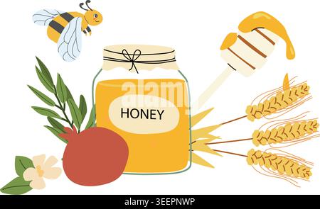 Honey jar with wheat ears and pomegranate. Harvest inspired Jewish New Year composition with natural seasonal elements. Stock Vector