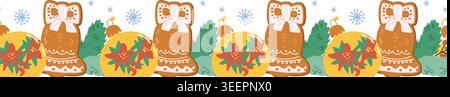 Cartoon christmas cookies border with xmas bauble and fir branch, snowflakes. Bright border for washi tapes. Stock Vector