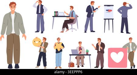 Businessman in office. Cartoon male character in formal suit. Man sitting at computer desk. Employee various actions, emotion expressions and poses at Stock Vector