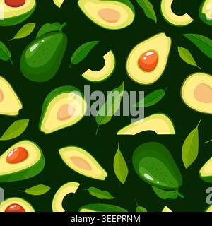 Vector seamless pattern with whole avocado, halves with pits, slices and green leaves on dark background. Flat fruit texture for kitchen wallpaper, te Stock Vector