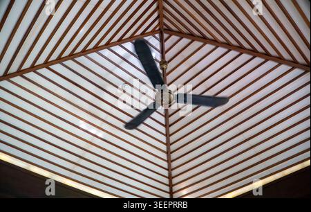 Bottom view of a black ceiling fan on a decorative geometric wooden ceiling with white panels and warm accent lighting in a tropical resort villa in V Stock Photo