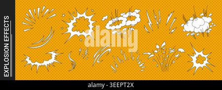 Explosive doodle comic action scene featuring dynamic burst effect vector illustration set. Stock Vector