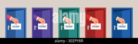 For rent property leasing sign held by human hand opening colorful flat doors vector bundle collection Stock Vector
