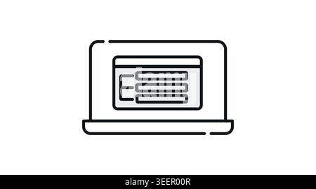 Laptop web design and UI/UX wireframe icon: portable computer with website layout on screen, minimalist black line art vector illustration. Stock Vector