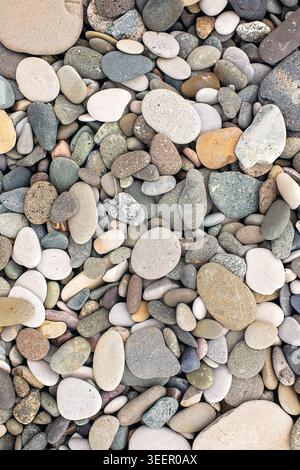 Top view of a natural background made of various smooth sea pebbles of different sizes, shapes, and colors. Natural stone texture. Stock Photo
