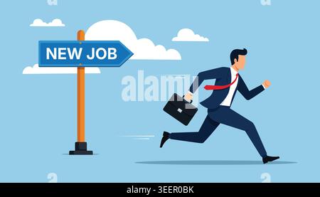 Excited professional businessman in suit running fast with briefcase towards new job directional signpost vector illustration Stock Vector