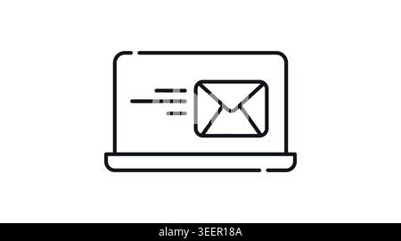 Laptop email and digital communication icon: portable computer with envelope on screen, minimalist black line art vector illustration. Stock Vector