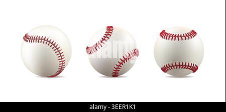 Baseball ball clipart. Set of white leather softball, vintage line of red stiches. 3d isolated vector mockup. Player equipment mockup team logo Stock Vector