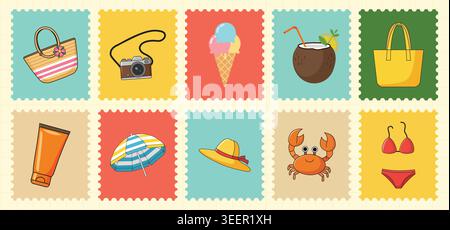 Colorful summer vacation postage stamp set featuring beach accessories camera ice cream crab and sun protection Stock Vector