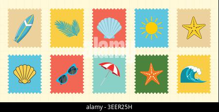 Tropical summer vacation postage stamp bundle featuring surfboards palm leaves shells sun starfish and beach umbrella Stock Vector