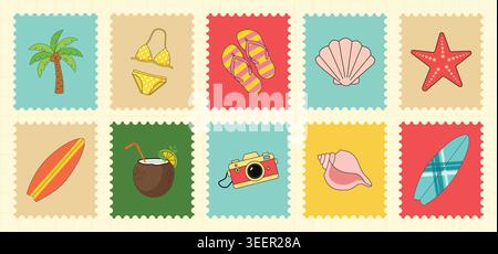 Bright summer vacation stamp collection with tropical palm tree bikini surfboard camera shells and cocktail drinks Stock Vector