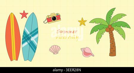 Summer vibes only typography graphic with surfboards palm tree camera and shells vector illustration bundle pack Stock Vector