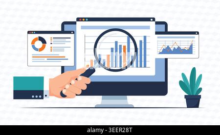 magnifying, glass, research, monitor, computer, screen, hand, analytics, chart, graph, pie, bar, plant, desk, data, business, analysis, search, vector Stock Vector