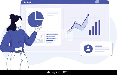 Woman presenting business analytics dashboard interface with pie charts bar graphs data statistics and vector illustration set Stock Vector