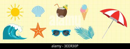 Summer vacation and beach essentials vector elements set including sun coconut drink ice cream wave starfish and sunglasses holiday graphics Stock Vector