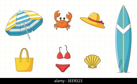 Hello summer greeting composition flat vector illustration with beach bag umbrella surfboard crab bikini and hat graphic element isolated bundle Stock Vector