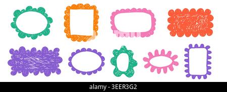 Scribble crayon doodle scalloped frames set. Chalk grunge girly blobs for text. Fluffy, wiggle label, stamp. Wavy whimsical edges curly doodle border. Vector illustration Stock Vector