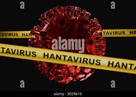 Hantavirus cell wrapped in yellow quarantine caution tape. This conceptual image highlights global health risks, viral outbreaks, and biohazard contai Stock Photo