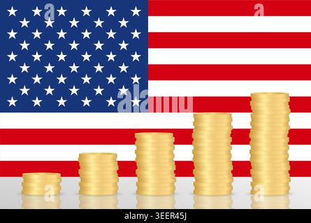United States Economy. Flag of United States with Coin Stack. Financial and Investment Concept. Vector Illustration. Stock Vector