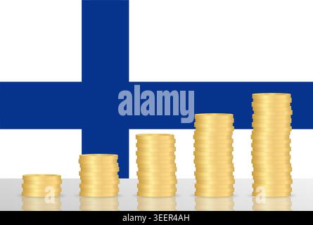 Finland Economy. Flag of Finland with Coin Stack. Financial and Investment Concept. Vector Illustration. Stock Vector