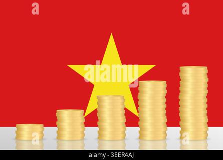 Vietnam Economy. Flag of Vietnam with Coin Stack. Financial and Investment Concept. Vector Illustration. Stock Vector