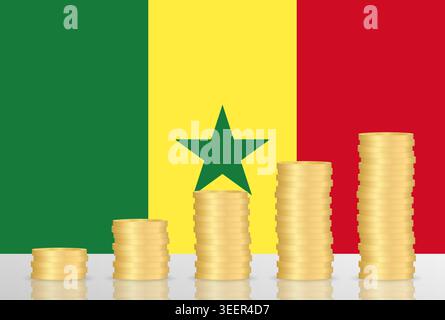Senegal Economy. Flag of Senegal with Coin Stack. Financial and Investment Concept. Vector Illustration. Stock Vector