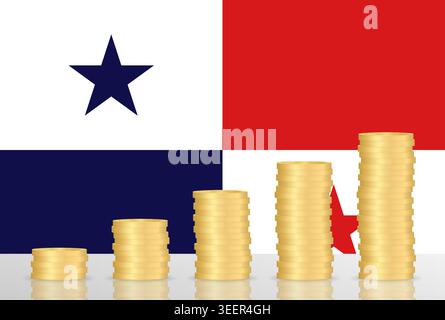 Panama Economy. Flag of Panama with Coin Stack. Financial and Investment Concept. Vector Illustration. Stock Vector