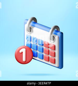 3d calendar icon with notification badge showing number one. Planner for business meeting appointment. Deadline reminder and time management concept. Stock Vector