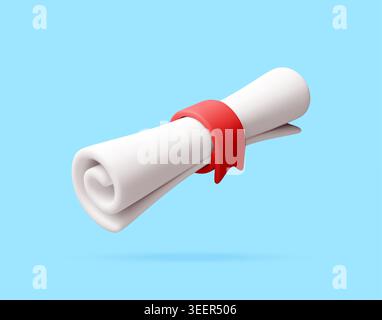 3D illustration of rolled diploma with red ribbon Stock Vector