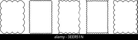 Wavy and scalloped rectangular frames, vector hand drawn line art borders for greeting cards, invitations, certificates Stock Vector