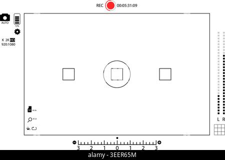 Black vector illustration of camera viewfinder interface with rec timer, focus frame, battery, zoom, and audio meters Stock Vector