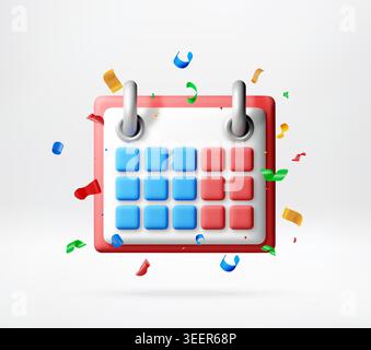 3d calendar icon with colorful confetti. Stock Vector