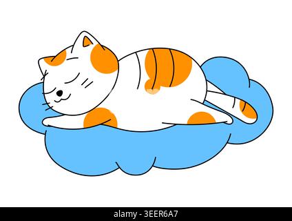 Nice cat sleeps on cloud. Cartoon illustration of cute kitten pet. Stock Vector